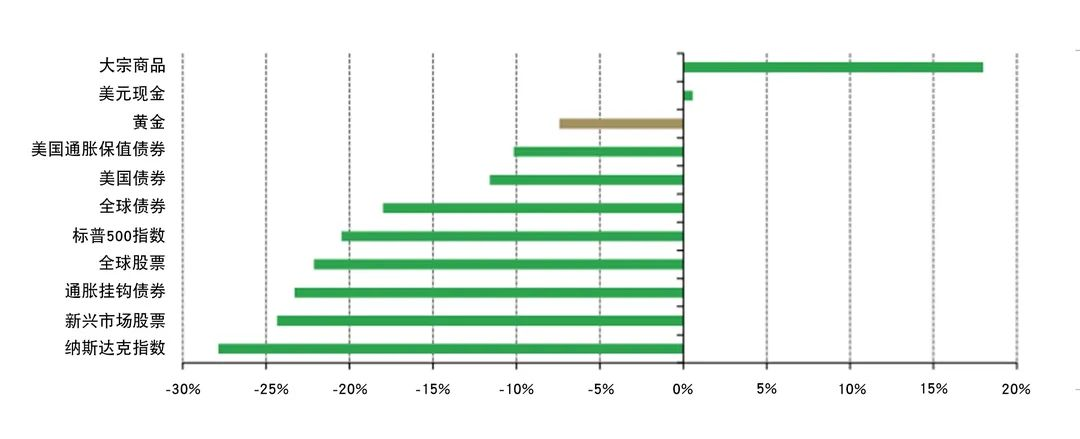 图1：2022年初截至目前，黄金是表现最好的资产之一*